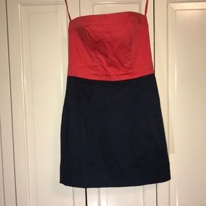 Strapless navy blue and orange/red block dress